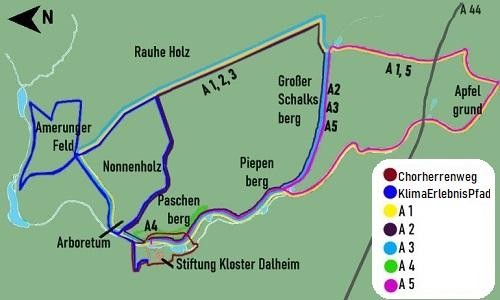 Karte mit eingezeichneten Rundwanderwegen um das Kloster Dalheim.