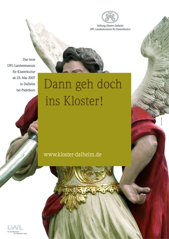 Ausschnitt aus Eröffnungsplakat mit Text "Dann geh doch ins Kloster" (2007). Motiv: Engel mit Trompete (Holzfigur), um 1700