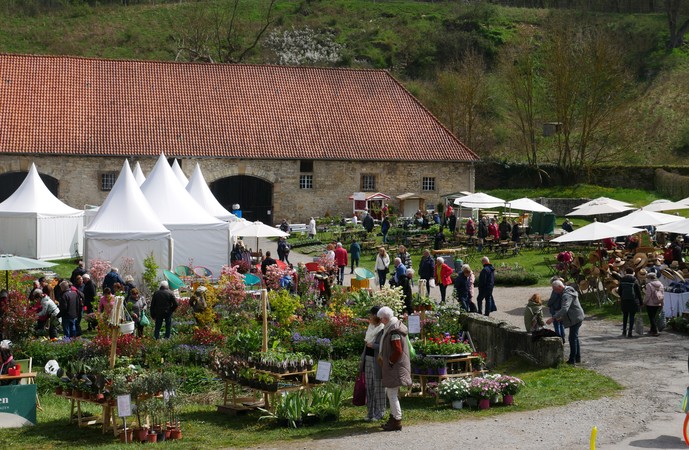 Blick auf das Gartenfest im Kloster Dalheim mit vielen Pflanzenausstellern, Pagoden und Publikum.