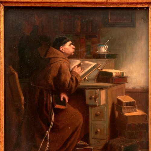Gemälde: Interieur mit rauchendem Mönch, von Reomjard Sebastian Zimmermannm, 1867