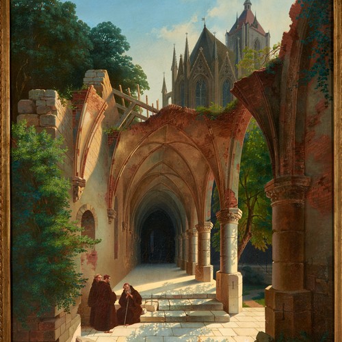 Gemälde: Mönche in einer Ruine eines spätgotischen Kreuzgangs, Maler unbekannt, um 1840. Foto: Ansgar Hoffmann, Schlangen