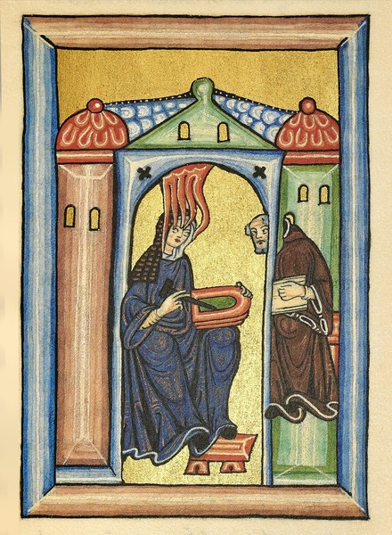 Dieses Faksimile aus dem Rupertsberger Scivias-Kodex zeigt die Hildegar von Bingen beim Empfangen einer Vision.