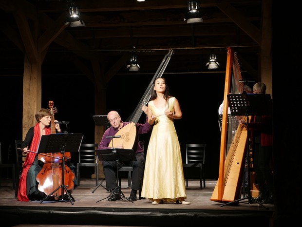 Musiker sitzen mit ihren Instrumenten auf einer Bühne. Eine Frau im Abendkleid singt.