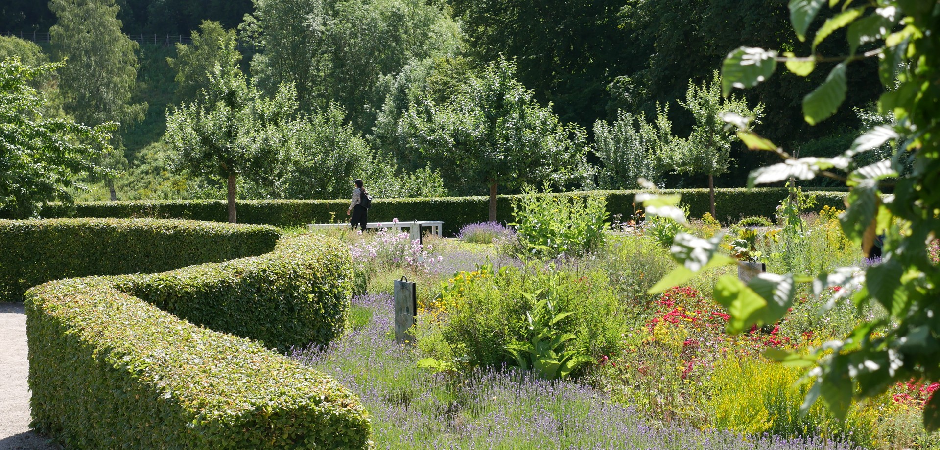 In einem Garten mit verschiedenen Blumen, Hecken und Bäumen steht eine Frau vor einer weißen Bank.