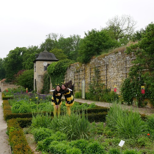Zwei als Bienen verkleidete junge Frauen stehen im Garten und zeigen auf etwas in der Ferne.