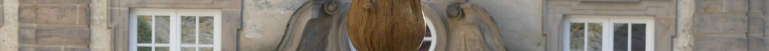 Hölzernes Schmuckelement in Form einer Flamme. Im Hintergrund befindet sich ein Gebäude.