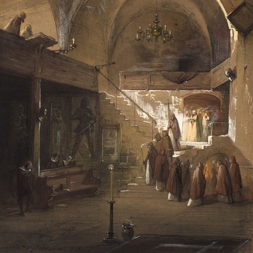 Federzeichnung von Caspar Johann Nepomuk Scheuren: Innenansicht einer Klosterkirche mit Mönchprozession, 1851