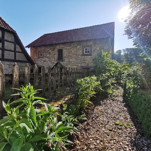 Blick in einen kleinen Kräutergarten. Links befindet sich ein Palisadenzaun. Dahinter steht ein kleines Fachwerkhaus und ein weiteres Gebäude.