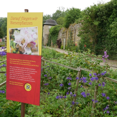 Ein rot-gelbes Schild aus der Gartenausstellung informiert über bienenfreundliche Pflanzen.