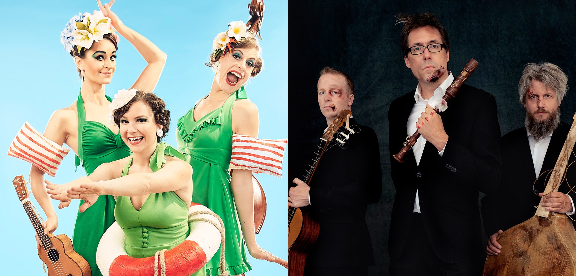 Ein Foto zeigt die Zucchini Sistaz in grünen Badeanzügen. Das zweite Foto zeigt Wildes Holz mit kaputten Instrumenten.