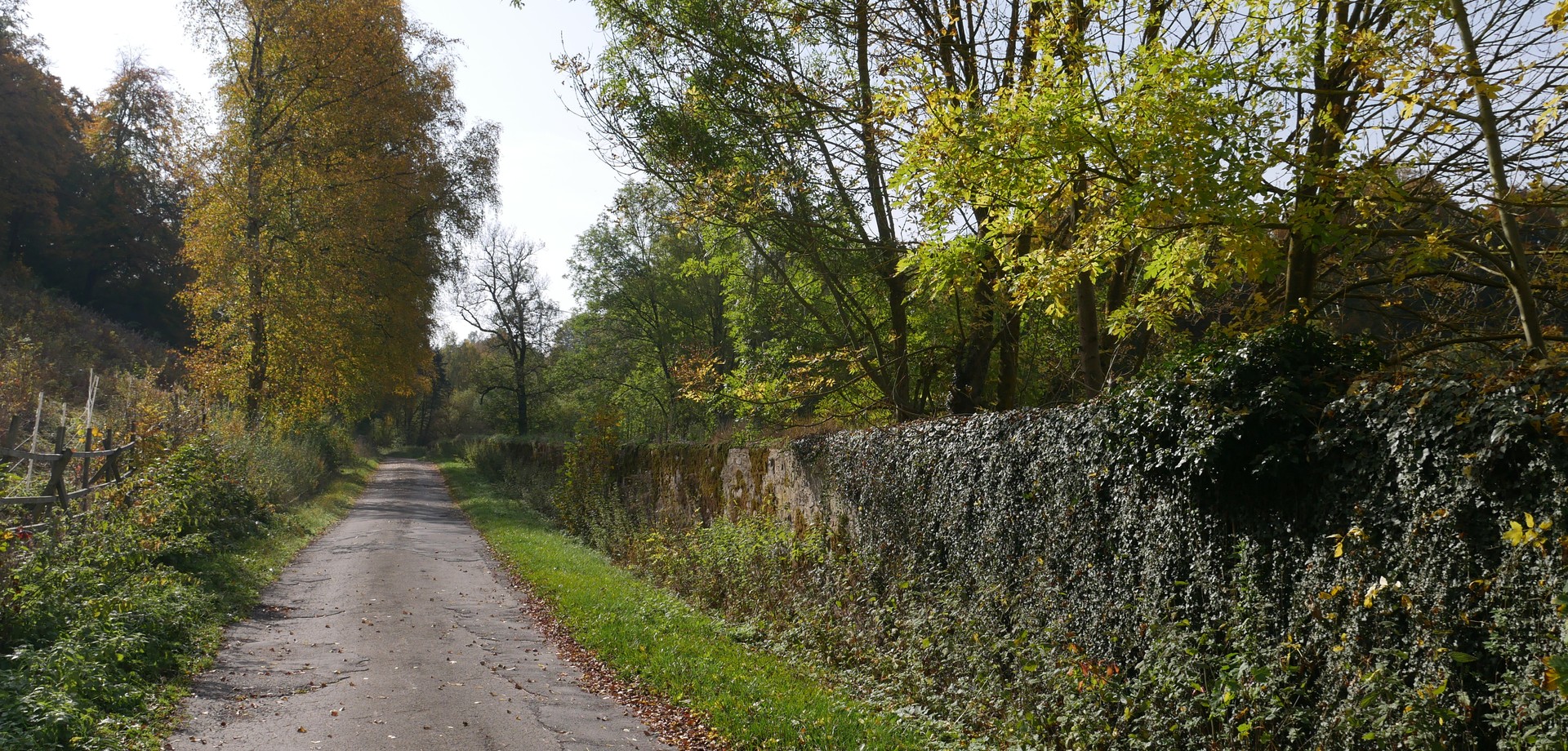 Eine schmale Straße verläuft neben der Klostermauer und einer bewachsenen Hang.