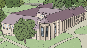 Illustration vom Kloster Dalheim mit der Kirche.