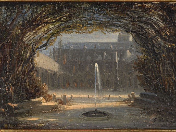 Gemälde: Caspar Scheuren: Kreuzgang mit Springbrunnen, Mitte 19. Jh.