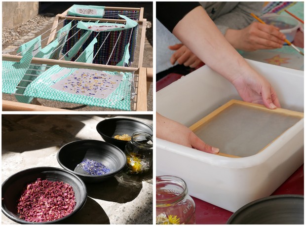 Fotocollage, die die einzelnen Schritte des Papierschöpfens zeigt.